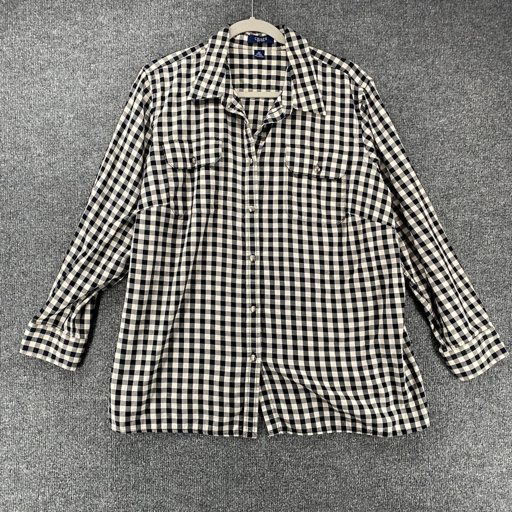 Chaps Shirt Womens 2X Black White Check Metal Button Up Office Ladies Western